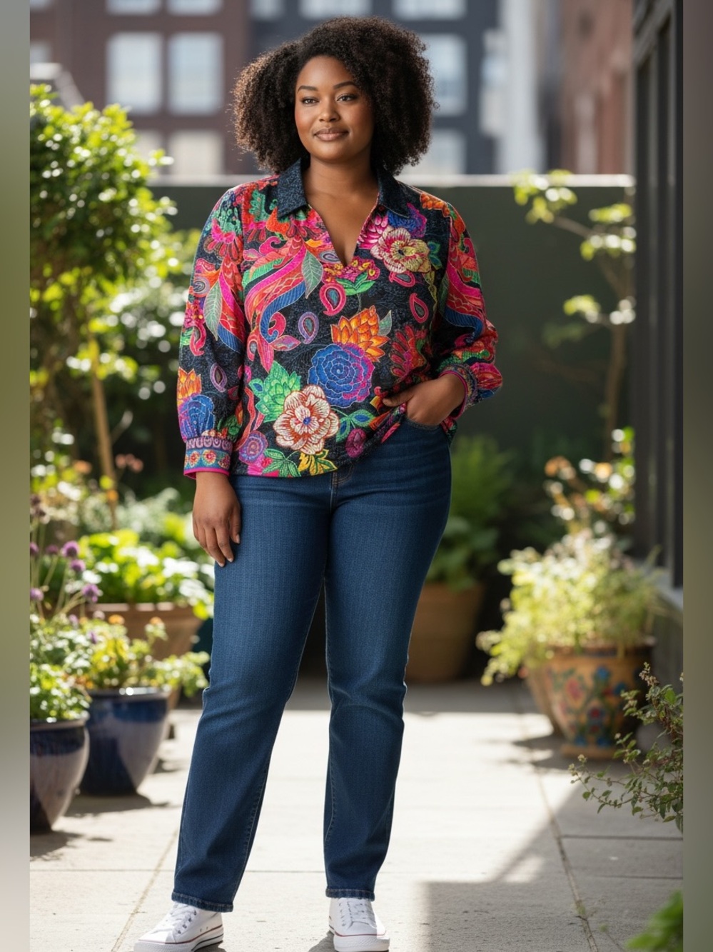 Johnny Was THE JANIE FAVORITE PUFF SLEEVE POLO SZ XXL 2X PLUS SIZE COLORFUL BIRD